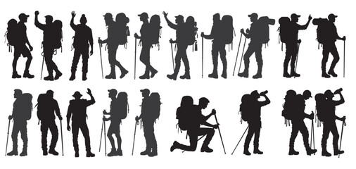 silhouettes of hikers with backpacks and trekking poles.