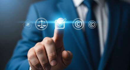 Hand touching digital copyright and legal icons finger