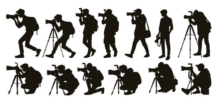silhouettes of photographers in various poses with cameras.