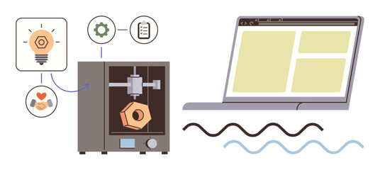 Fototapeta premium 3D printer crafting an object, connected to a laptop interface and icons for ideas, settings, checklist, and collaboration. Ideal for innovation, technology, workflow, creativity design