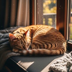 Cozy Orange Tabby Cat Napping Peacefully in Warm Sunlight by Window.