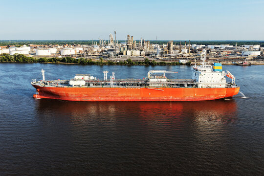 Aerial View of Oil Tanker Ship on the Delaware River
