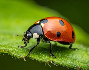 Close-up shot of a ladybug on a vibrant green leaf