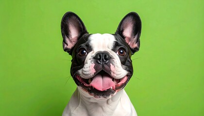 A smiling, black and white canine against a bright green background