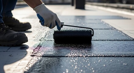 Worker applying dark liquid with roller image