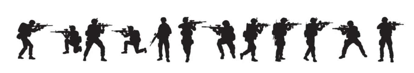 Fototapeta premium silhouettes of armed soldiers in various combat stances.
