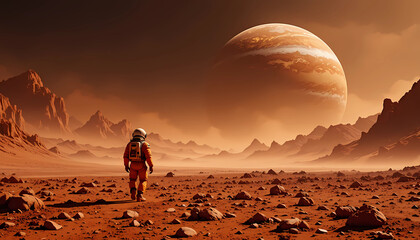 Astronaut on mars with jupiter in the background, exploring the red planet in a science fiction setting