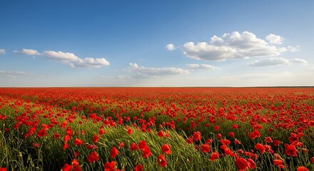 Crimson Ocean of Poppies Under a Vast, Cloud-Dotted Azure Sky.