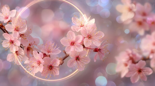 Delicate pink cherry blossoms with a soft bokeh background and a glowing circle create a dreamy and romantic springtime floral arrangement