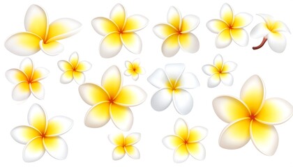 Collection of realistic yellow and white plumeria blossoms, isolated