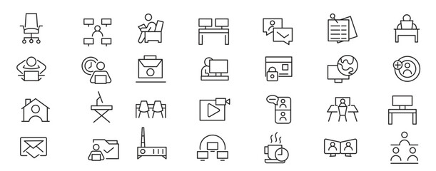 Work from home line icon set.  Contains such Icons as a freelancer, Remote work, Coworking, Video Conference, hybrid work, digital nomad, and Remote work line icon set.