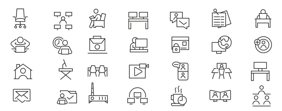 Work from home line icon set.  Contains such Icons as a freelancer, Remote work, Coworking, Video Conference, hybrid work, digital nomad, and Remote work line icon set.