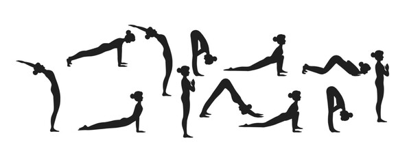Surya namaskar A sun salutation yoga asanas sequence set vector illustration.