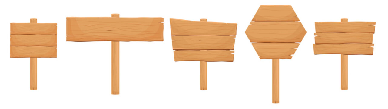Wooden banners, set of information boards, templates of billboards, rural announcement signs. Vector cartoon collection of wooden texture backgrounds