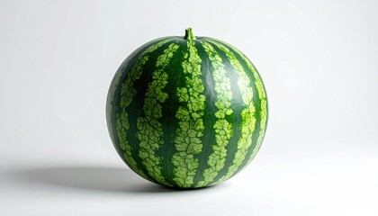 Whole Round Watermelon with Green Stripes on a Plain White Background with Soft Shadow