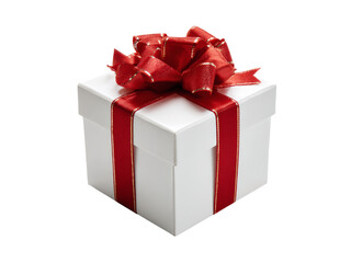 White gift box with red ribbon and bow isolated on black background, Isolated On White Background, Png Transparent
