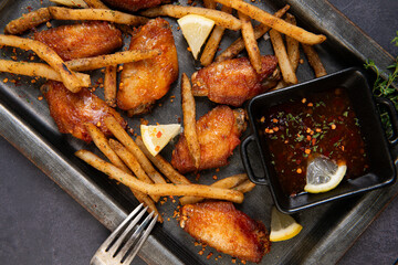 Fried chicken wings with lemon and herbs on a black baking tray