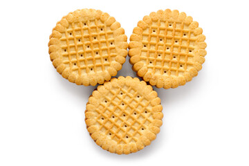 Three round cookies with a shadow on a white background. Close-up of sweet cookies isolated