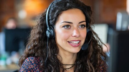 Smiling woman working in a busy call center during the day, providing excellent customer service and support while engaging with clients on the phone - Powered by Adobe