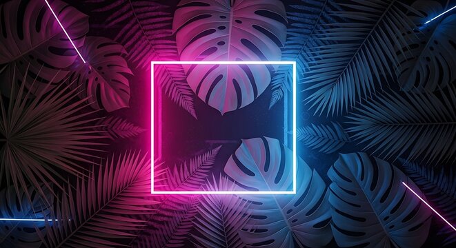 Creative fluorescent color layout made of tropical leaves with neon light square. Flat lay. Nature concept.