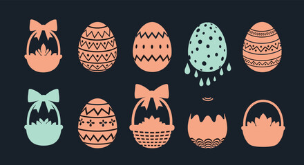 Easter egg collection with various designs and basket shapes.