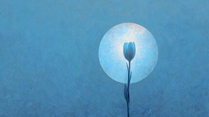 Single blue tulip stands elegantly against a textured blue background with a glowing orb creating a serene and artistic floral composition