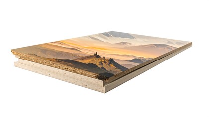 A layered image showing a landscape print on wooden structure