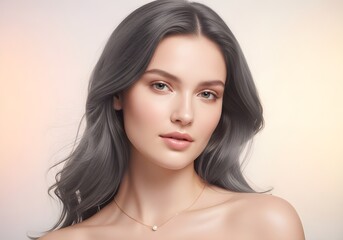 Naklejka premium Natural Beauty Portrait of Young Woman with Wavy Hair in Soft Light - Skincare, Elegance, Youthful Glow