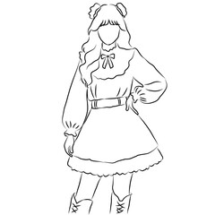 Elegant Woman in Ruffled Dress and Cowboy Boots Line Art

