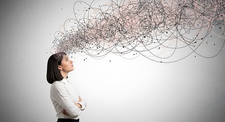 Woman thinking tangled thoughts brainstorming ideas