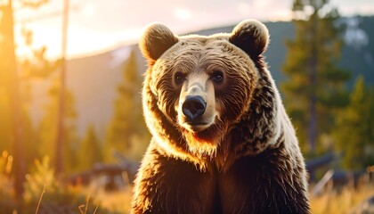 Obraz premium A majestic brown bear basks in warm sunlight in a mountainous forest setting