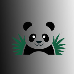 Obraz premium A cartoon panda with black ears white face and green bamboo leaves on a gray gradient background