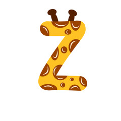 Cute cartoon letter Z with giraffe pattern and horns, alphabet animal design illustration for kids