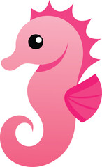 Illustration of a cute pink seahorse with a smiling face, large eye, and spiky back fin. The whimsical design conveys a playful and cheerful tone.