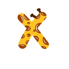 Cute cartoon letter X with giraffe print and ossicones. Playful animal alphabet design for kids and education.