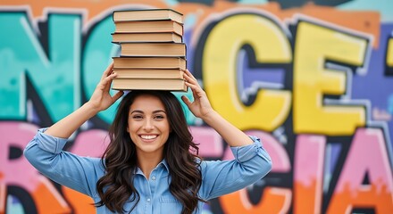 Woman balancing books on head smiling