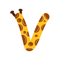 Cute Cartoon Letter V with Giraffe Pattern and Ossicones. Fun Animal Alphabet Design Element.