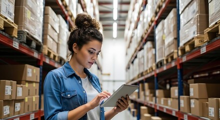 Woman checking tablet in warehouse inventory logistics