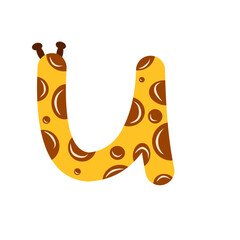 Fun giraffe print lowercase letter U. Cute animal alphabet character with ossicones.