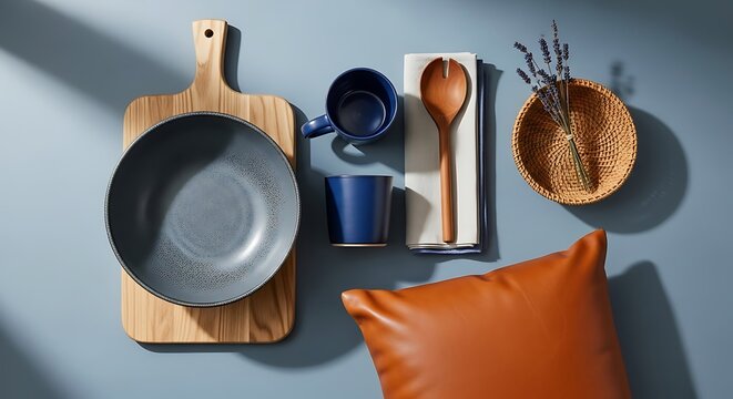 Rustic kitchenware arrangement: blue bowl, wooden board, utensils, lavender, and leather pillow - Powered by Adobe