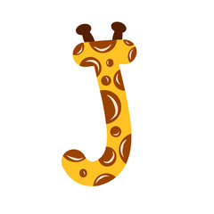 Cute Giraffe Letter J Illustration. Playful Animal Alphabet Character with Brown Spots and Ossicones. Kids' Learning Design