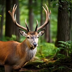 A majestic deer with large antlers stands in a lush, verdant forest