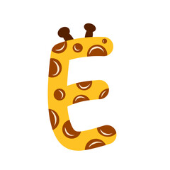 Yellow cartoon letter E with giraffe spots and ears, fun animal alphabet for kids