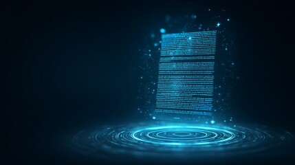 Digital data document emerging from abstract light rings represents data transfer and information flow