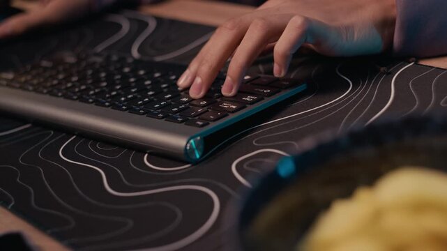 Close up shot of unrecognizable teenage boy using wireless keyboard and mouse while playing video game at home desk with dark patterned mat in cozy illuminated room