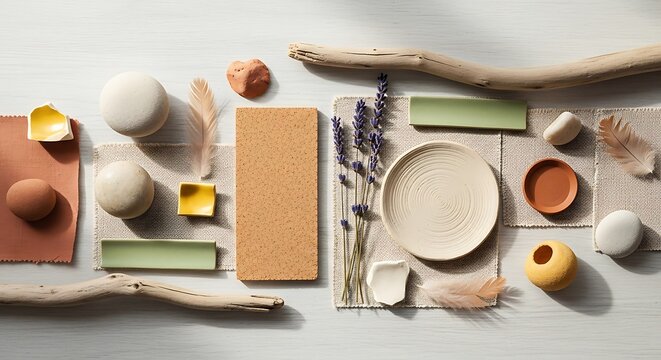 Earthy Tones and Textures: A Harmonious Composition of Natural Elements on White Wood - Powered by Adobe