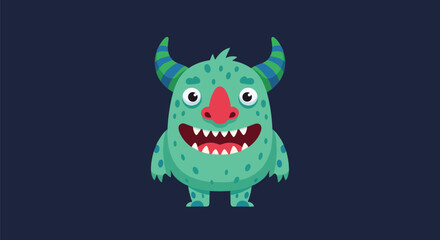 Fototapeta premium Cute green monster with horns and a big smile ready to play.