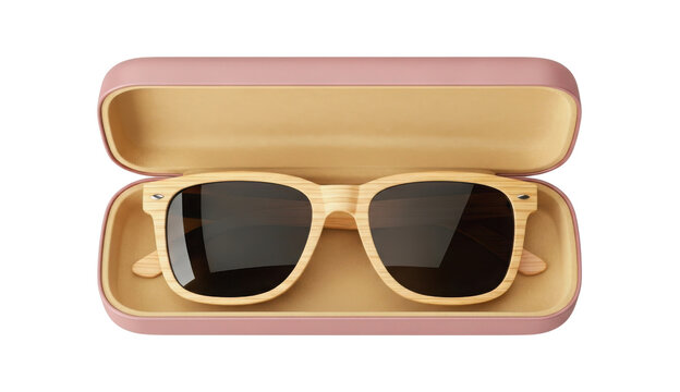 Stylish sunglasses with bamboo frame in pink case isolated PNG with Transparent Background