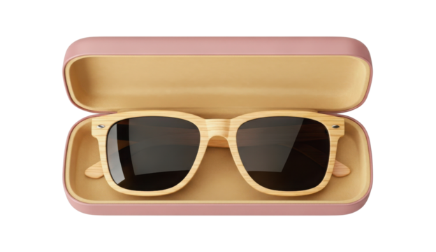Stylish sunglasses with bamboo frame in pink case isolated PNG with Transparent Background