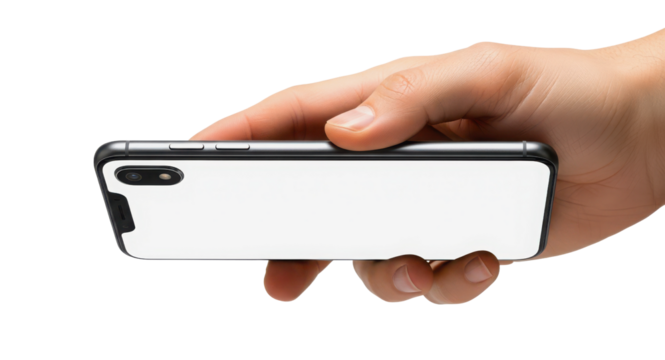 Hand holding smart phone with blank screen horizontally isolated PNG with Transparent Background